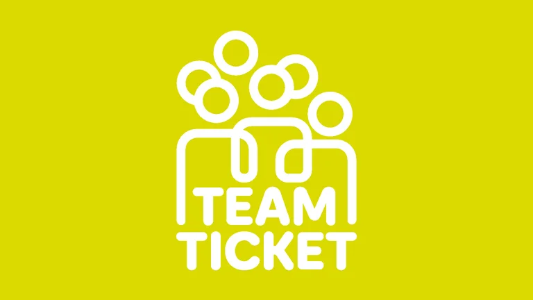 Logo featuring a team of four stylized figures above the text "Team Ticket" on a yellow background.