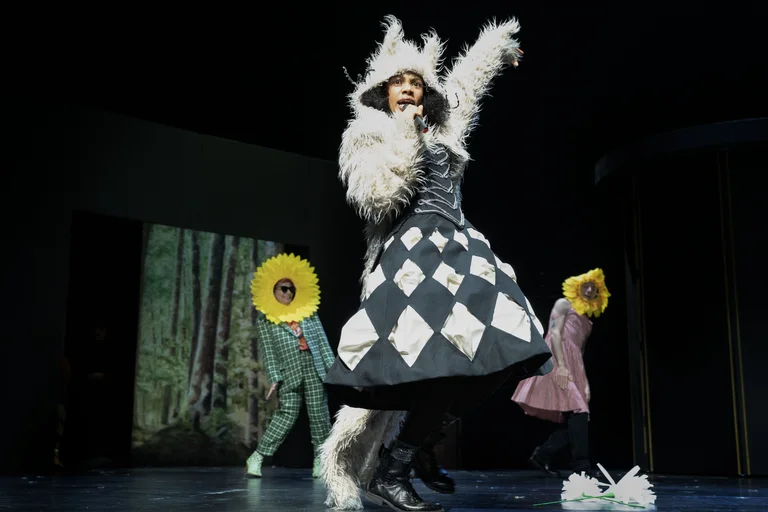 Eine Performerin in einem Kostüm mit kariertem Muster und Pelz zeigt eine dynamische Pose auf der Bühne. Im Hintergrund zwei Personen mit Sonnenblumenkostümen.