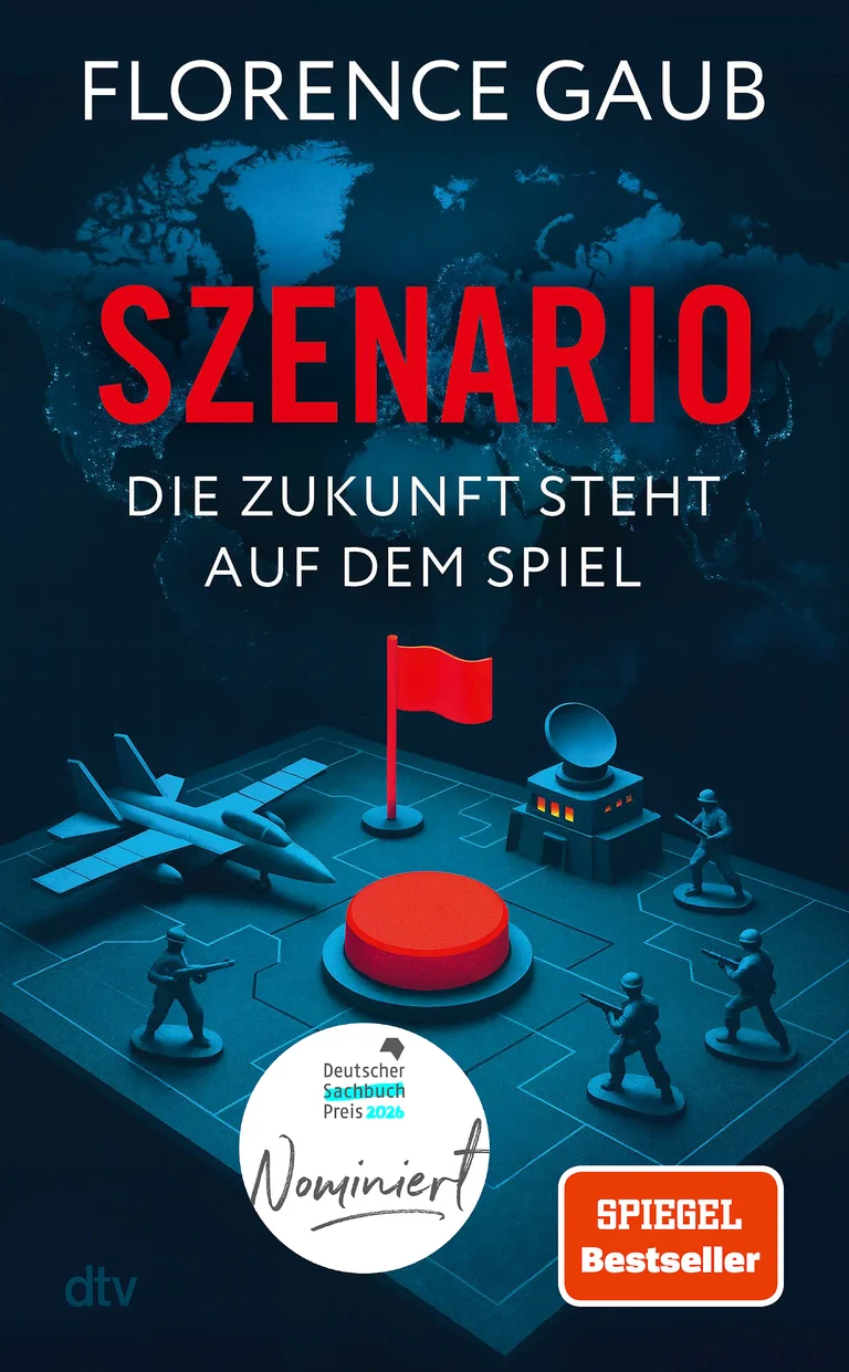 Buchcover von "Szenario" von Florence Gaub. Zeigt ein strategisches Spielbrett mit einem Flugzeug, Schiff und einer Fahne.