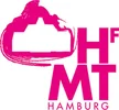 Logo der Hochschule für Musik und Theater Hamburg in leuchtendem Pink mit stilisiertem Gebäude und Initialen HfMT.